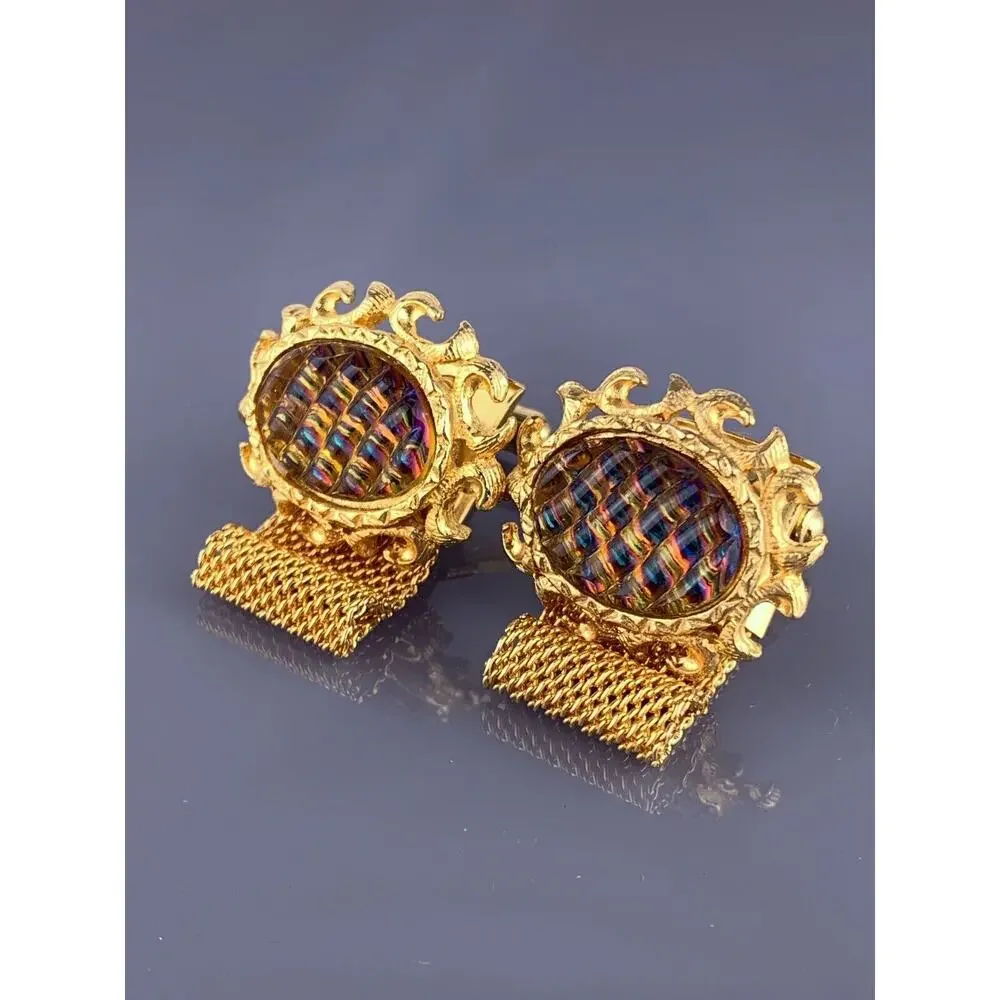 Dichroic Glass Cufflinks Wrap Around Gold Plated Blue to Orange Scrolls Vintage